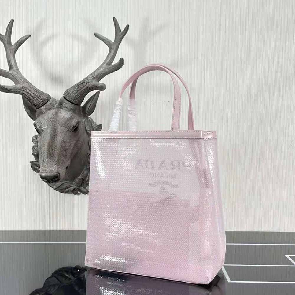 Prada Women Small Sequined Mesh Tote Bag-Pink