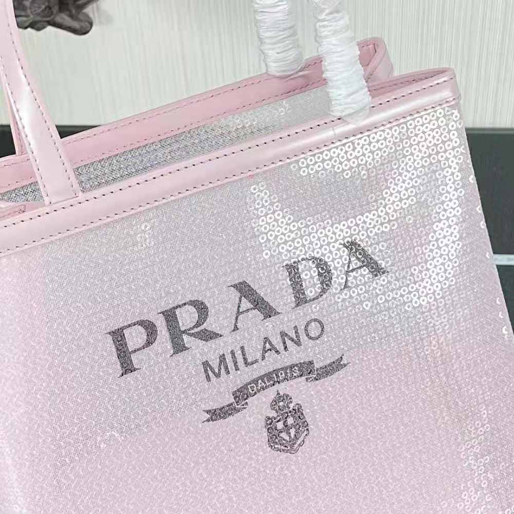 Prada Women Small Sequined Mesh Tote Bag-Pink