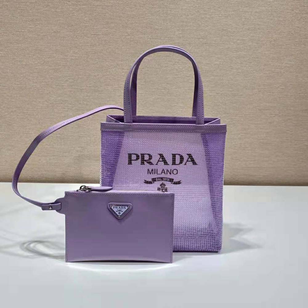 Prada Women Small Sequined Mesh Tote Bag-Purple