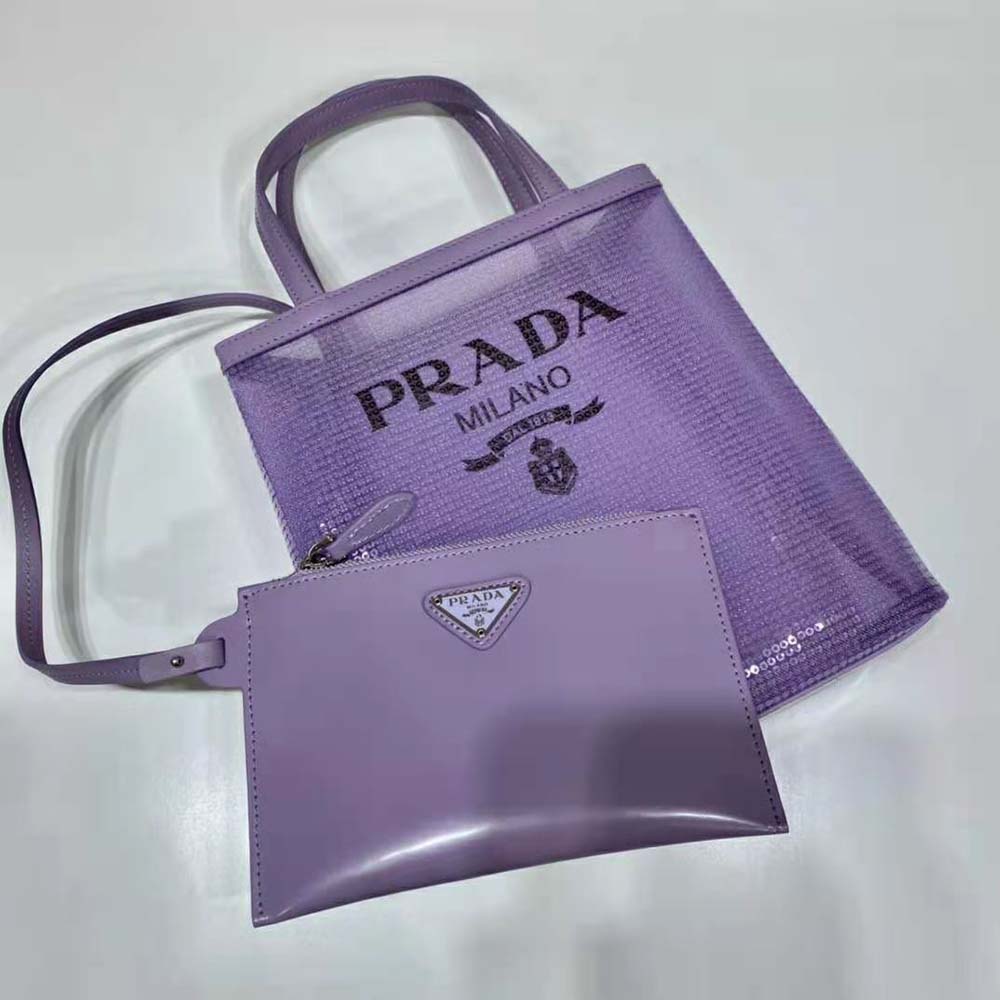 Prada Women Small Sequined Mesh Tote Bag-Purple