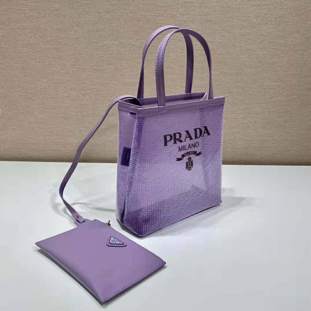 Prada Women Small Sequined Mesh Tote Bag-Purple