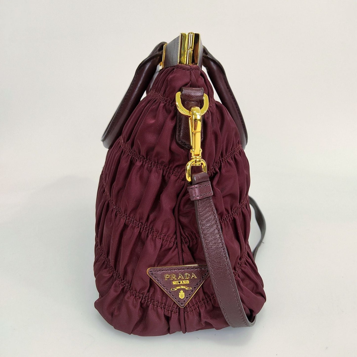 PRADA Gaufre shoulder bag in burgundy nylon and leather trim