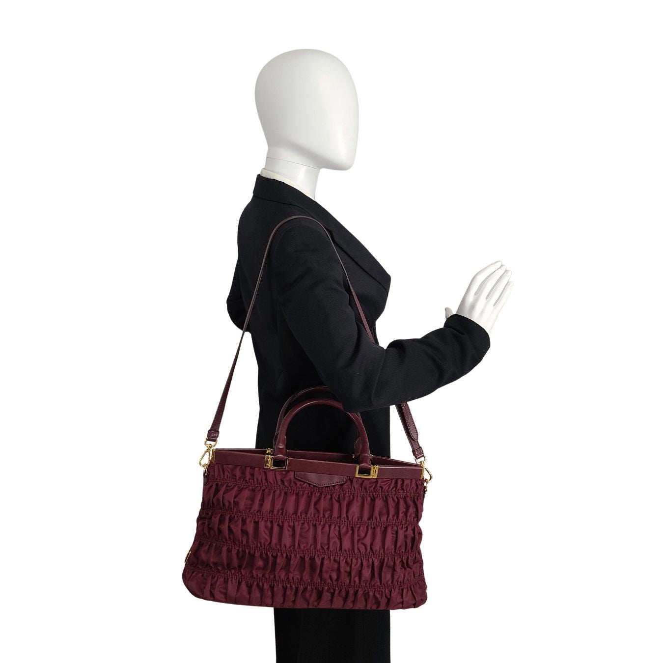 PRADA Gaufre shoulder bag in burgundy nylon and leather trim