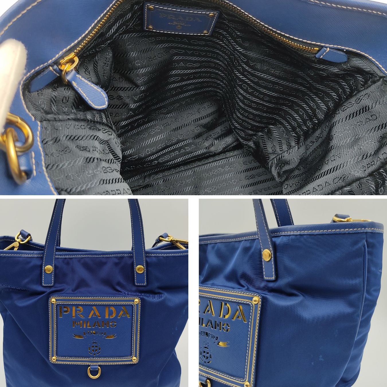 PRADA tote shoulder bag in light blue nylon with gold logo