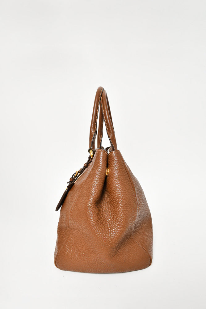 Prada Brown Pebbled Leather Front Zip Tote