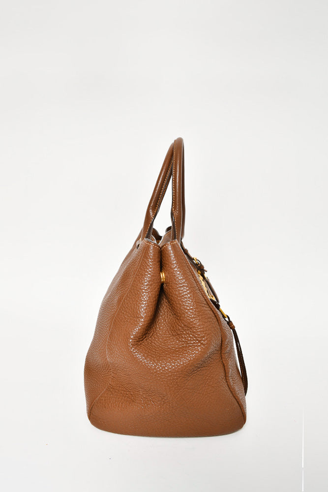 Prada Brown Pebbled Leather Front Zip Tote