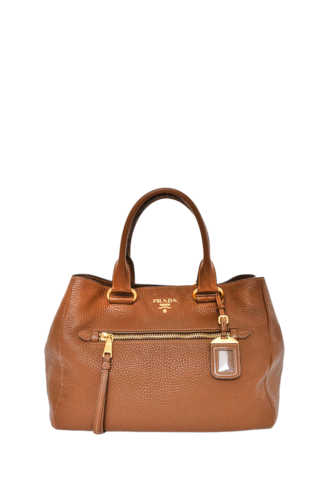 Prada Brown Pebbled Leather Front Zip Tote