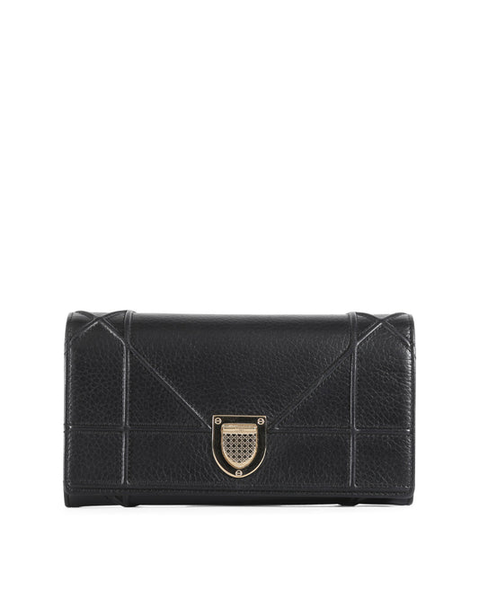 CHRISTIAN DIOR Black Pebbled Leather Diorama Wallet On Chain