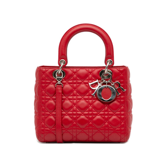 Dior Lady Dior Medium Red Cannage Quilted Leather Silver