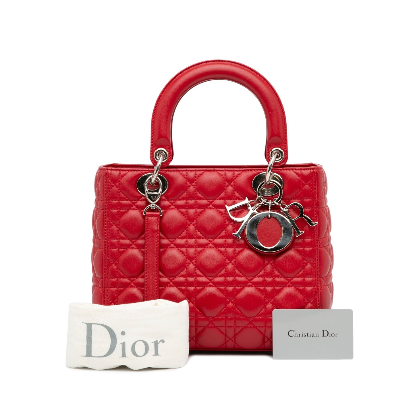 Dior Lady Dior Medium Red Cannage Quilted Leather Silver