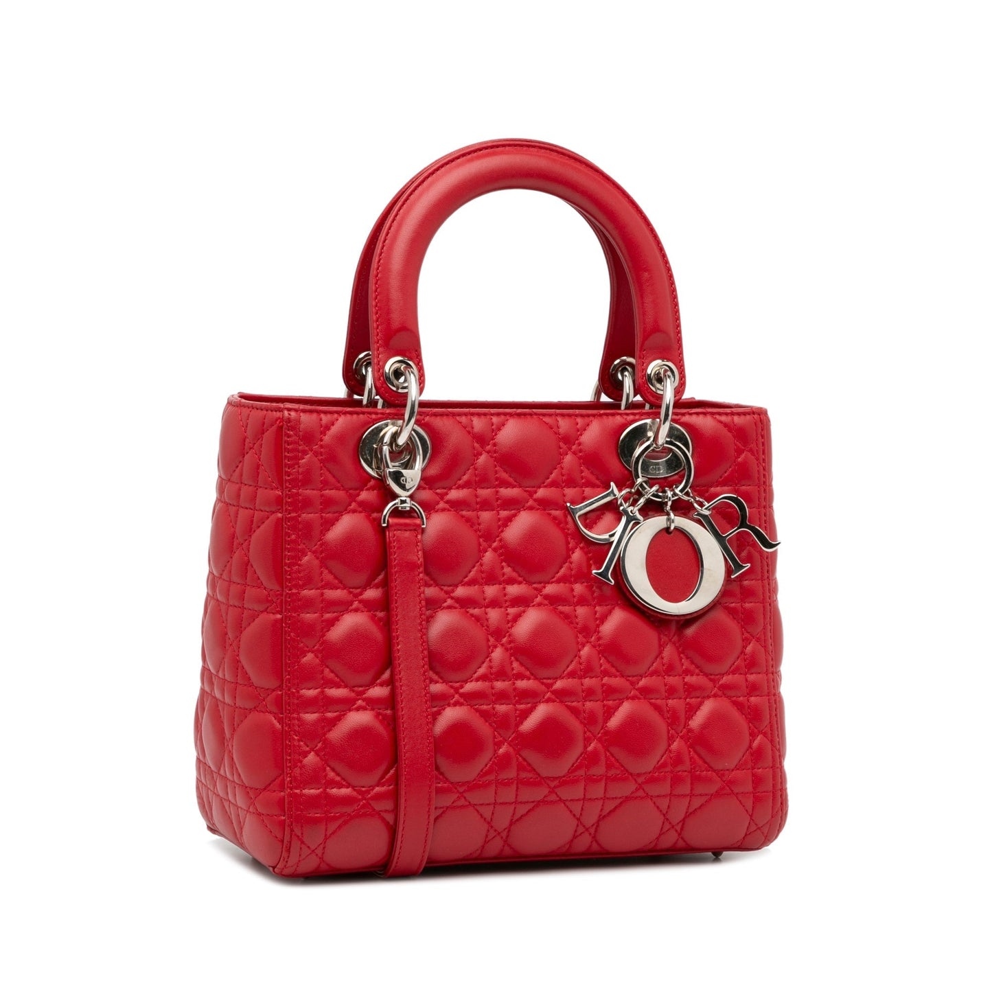 Dior Lady Dior Medium Red Cannage Quilted Leather Silver