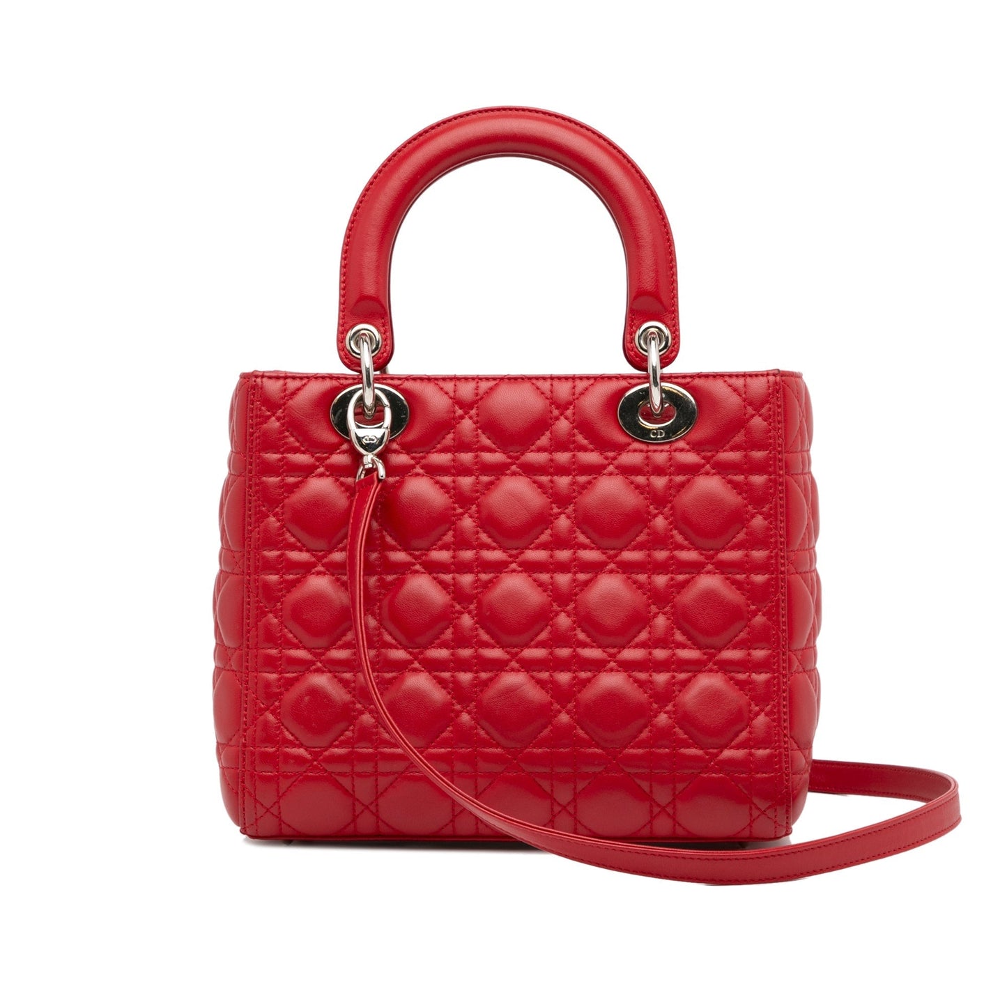 Dior Lady Dior Medium Red Cannage Quilted Leather Silver