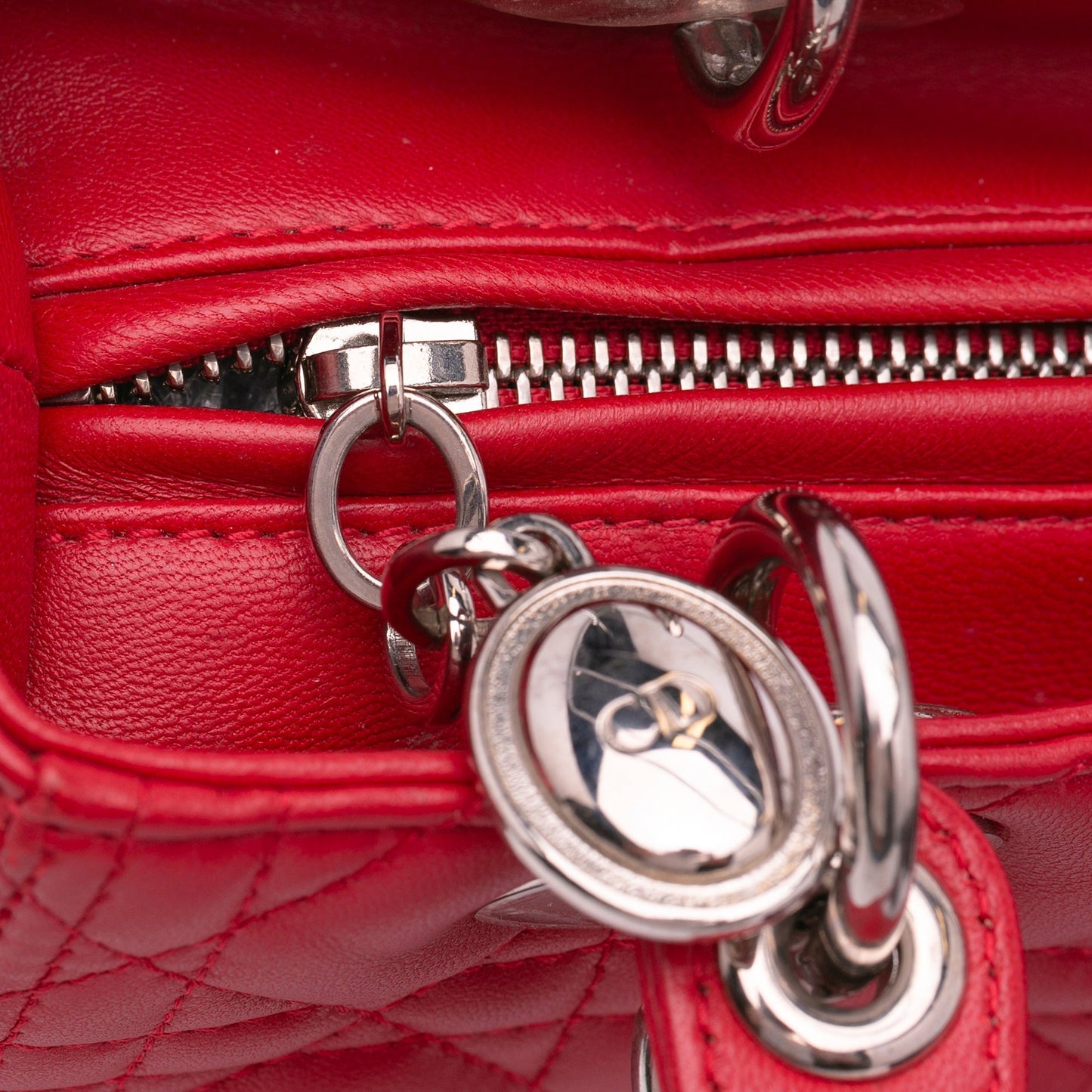 Dior Lady Dior Medium Red Cannage Quilted Leather Silver