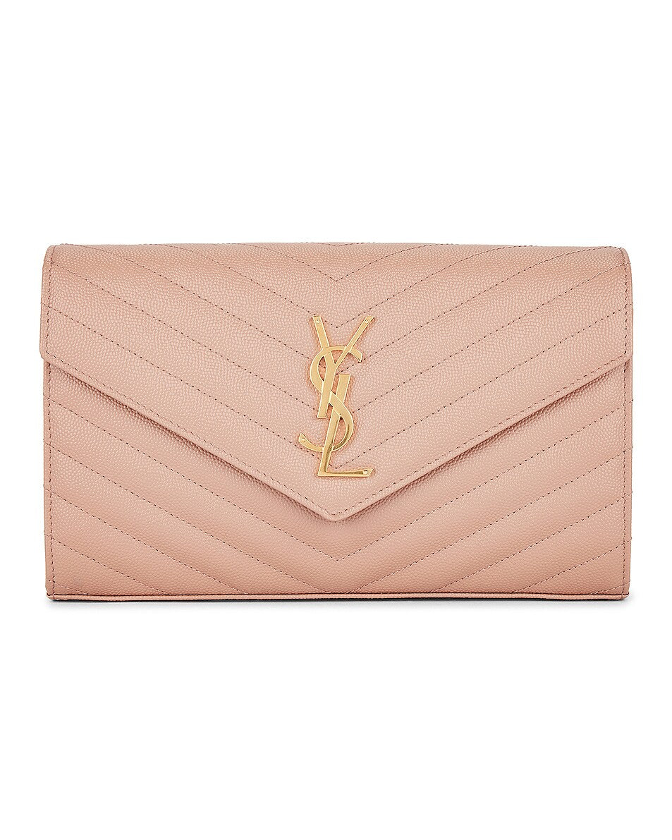 YSL CASSANDRE MATELASSÉ CHAIN WALLET IN GRAIN DE POUDRE EMBOSSED LEATHER