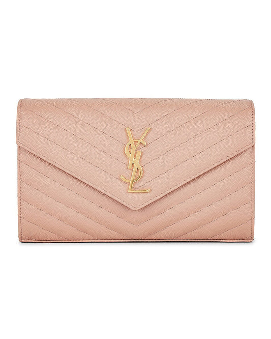 YSL CASSANDRE MATELASSÉ CHAIN WALLET IN GRAIN DE POUDRE EMBOSSED LEATHER