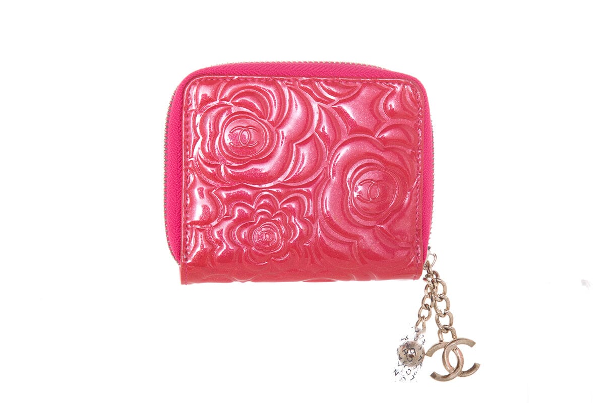 Chanel Pink Camellia Embossed Patent Leather Wallet