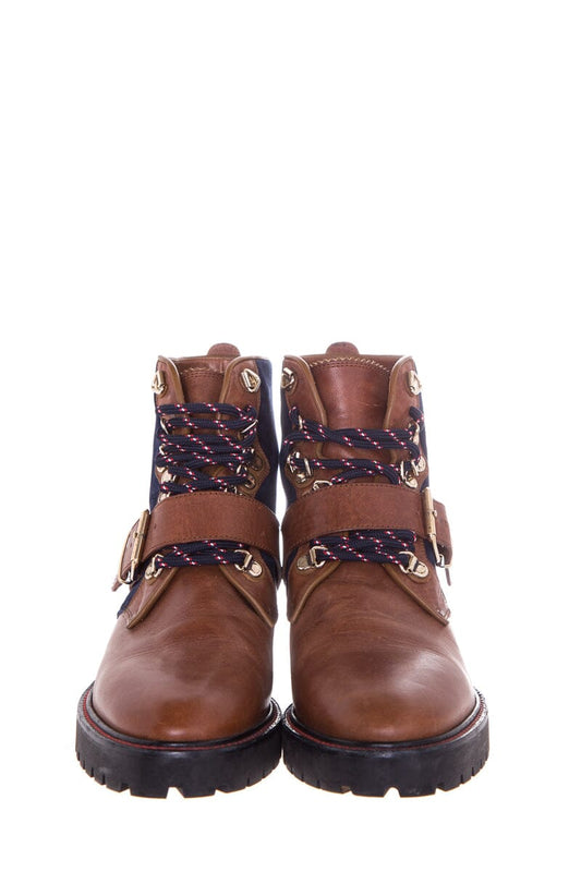 Burberry Brown & Navy Buckle Detail Boots SZ 37