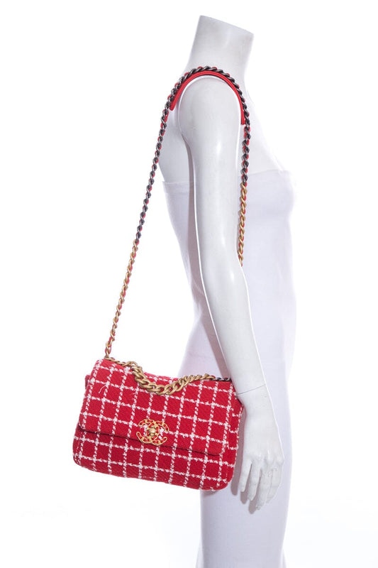 Chanel Tweed Quilted Flap  Red & White Handbag