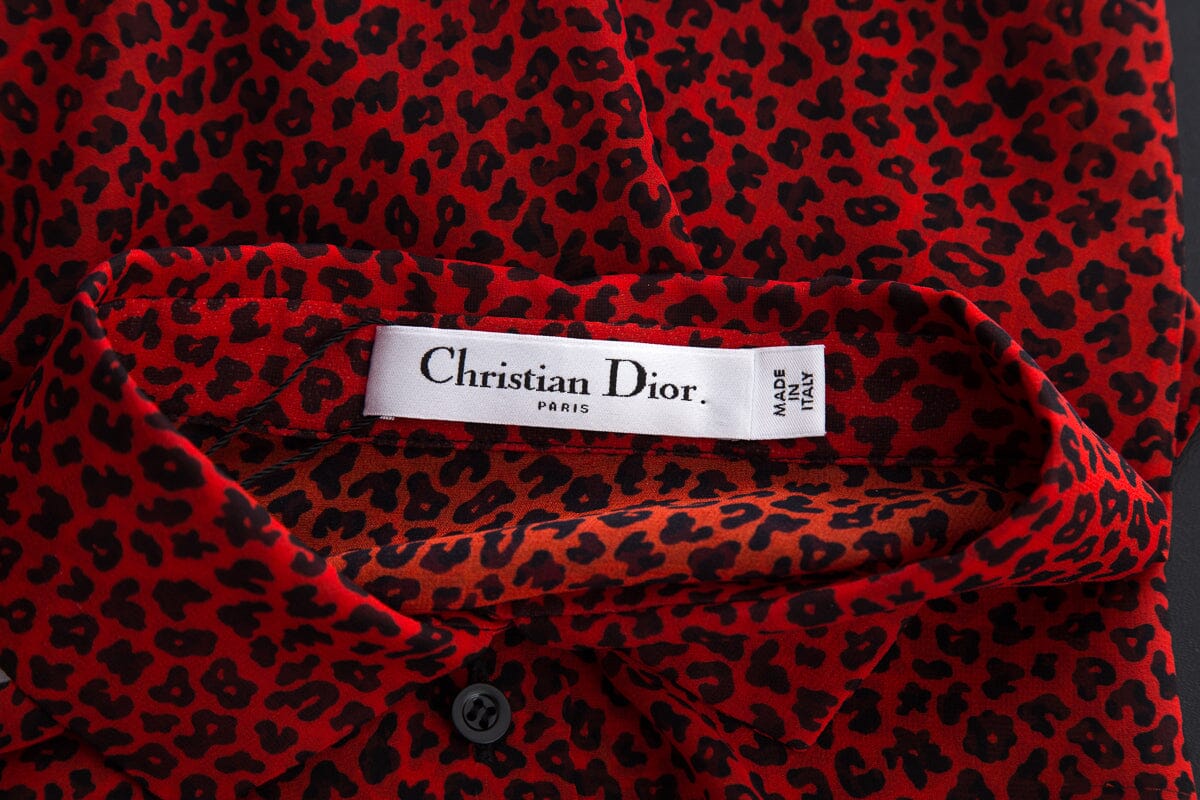 Dior Red Silk Cheetah Print Short Sleeve Blouse SZ S