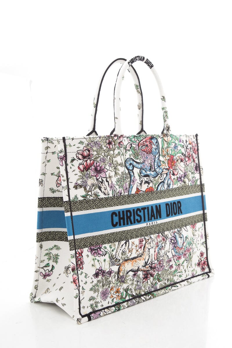 Dior White Floral Woodland Embroidered Book Tote Handbag