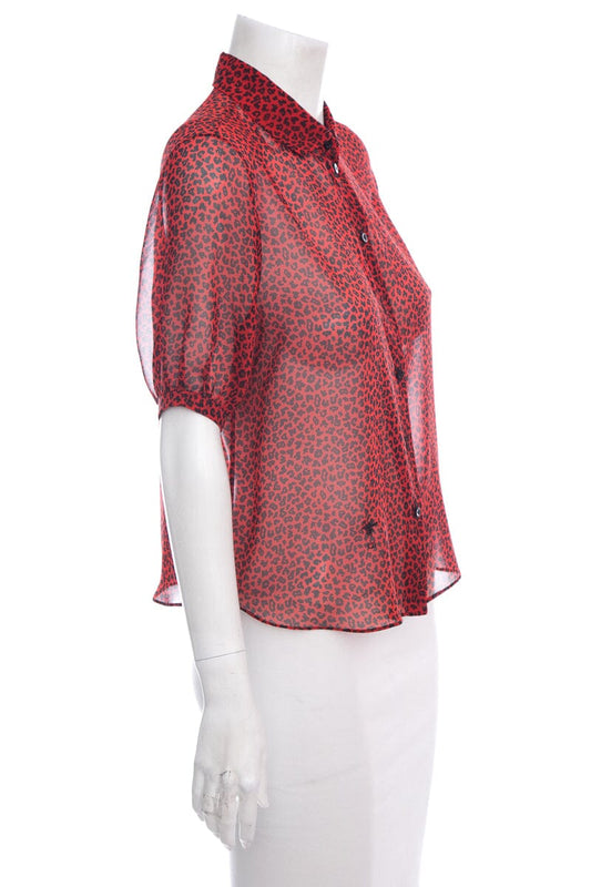 Dior Red Silk Cheetah Print Short Sleeve Blouse SZ S