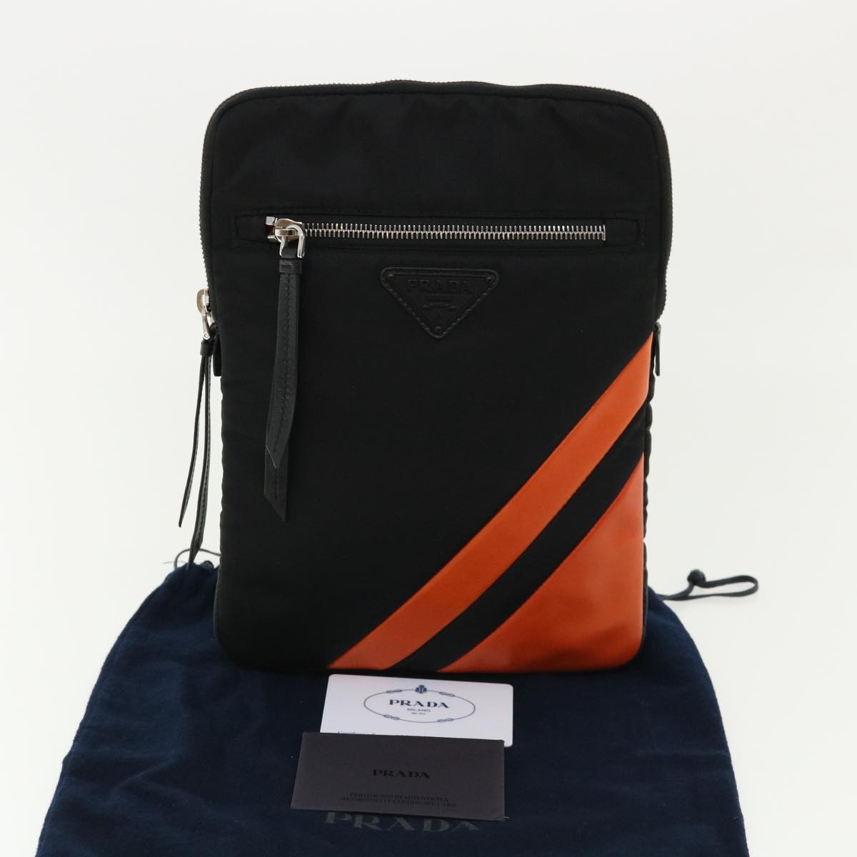 PRADA Clutch Bag Nylon Leather Black Orange  ac997