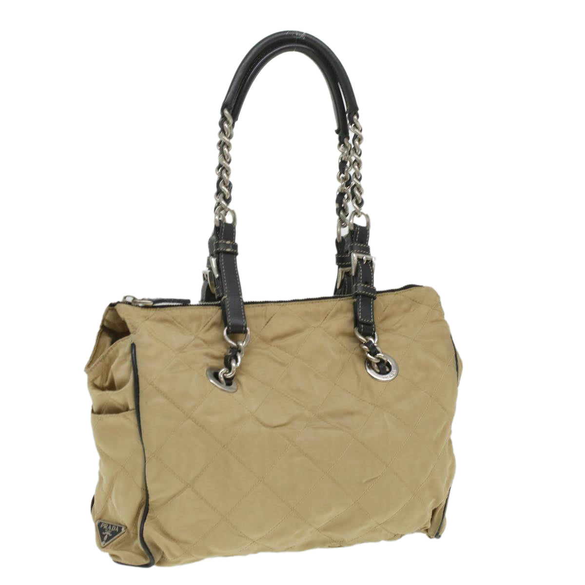 PRADA Quilted Chain Shoulder Bag Nylon Beige  ar8728