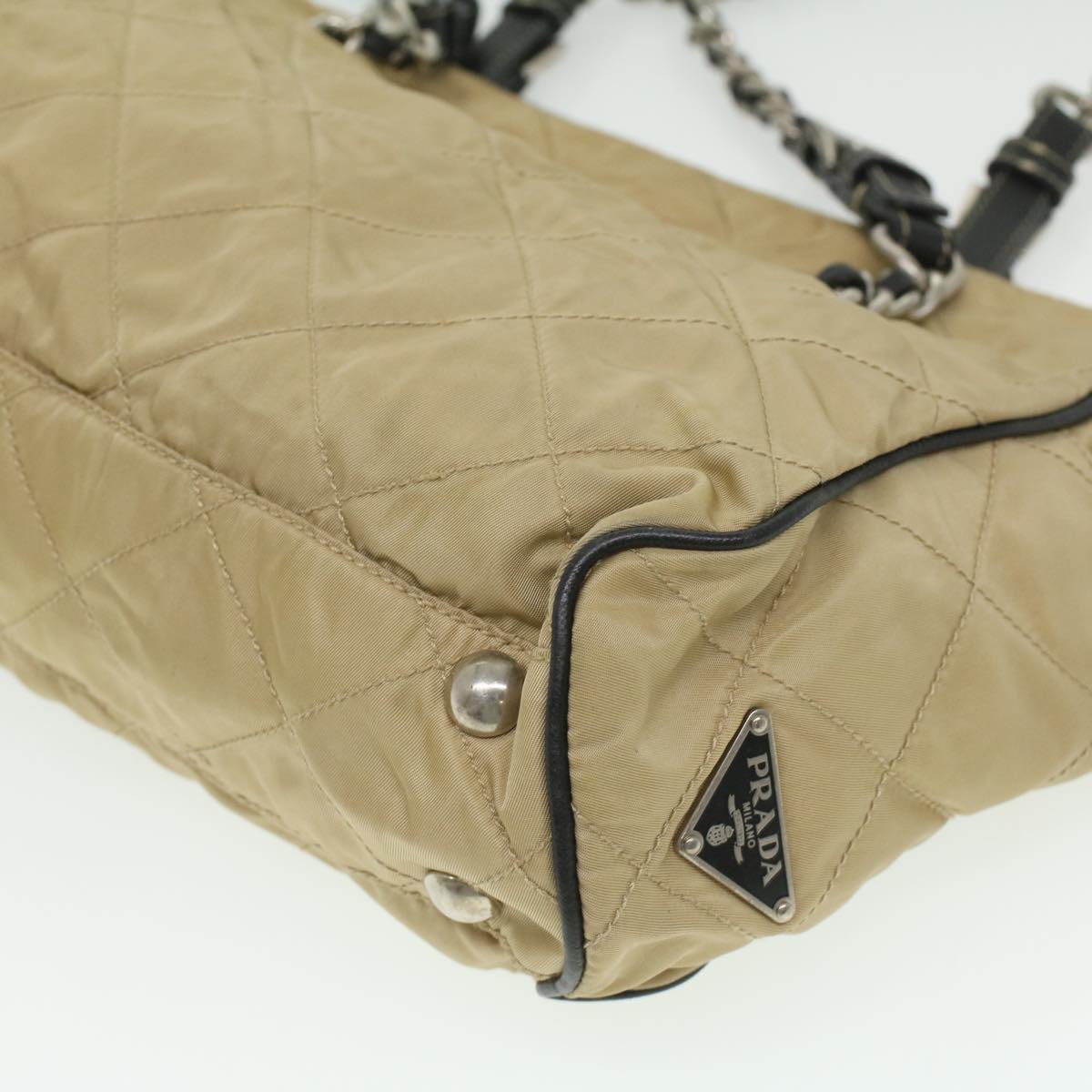 PRADA Quilted Chain Shoulder Bag Nylon Beige  ar8728