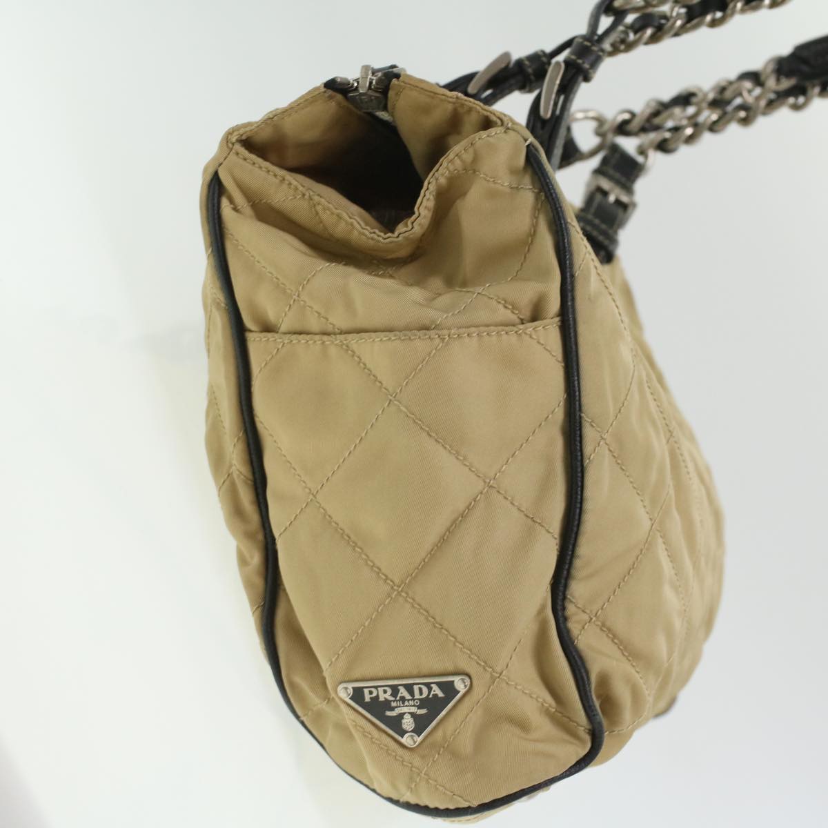 PRADA Quilted Chain Shoulder Bag Nylon Beige  ar8728