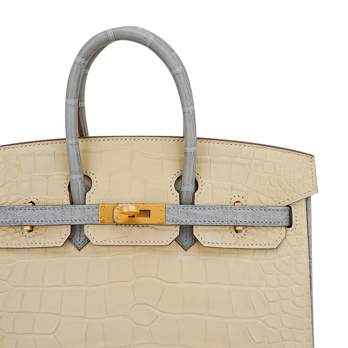 Hermes Special Order HSS Birkin 25 Bag in Matte Alligator Vanille and Gris Pearl Alligator with Brushed Gold Hardware