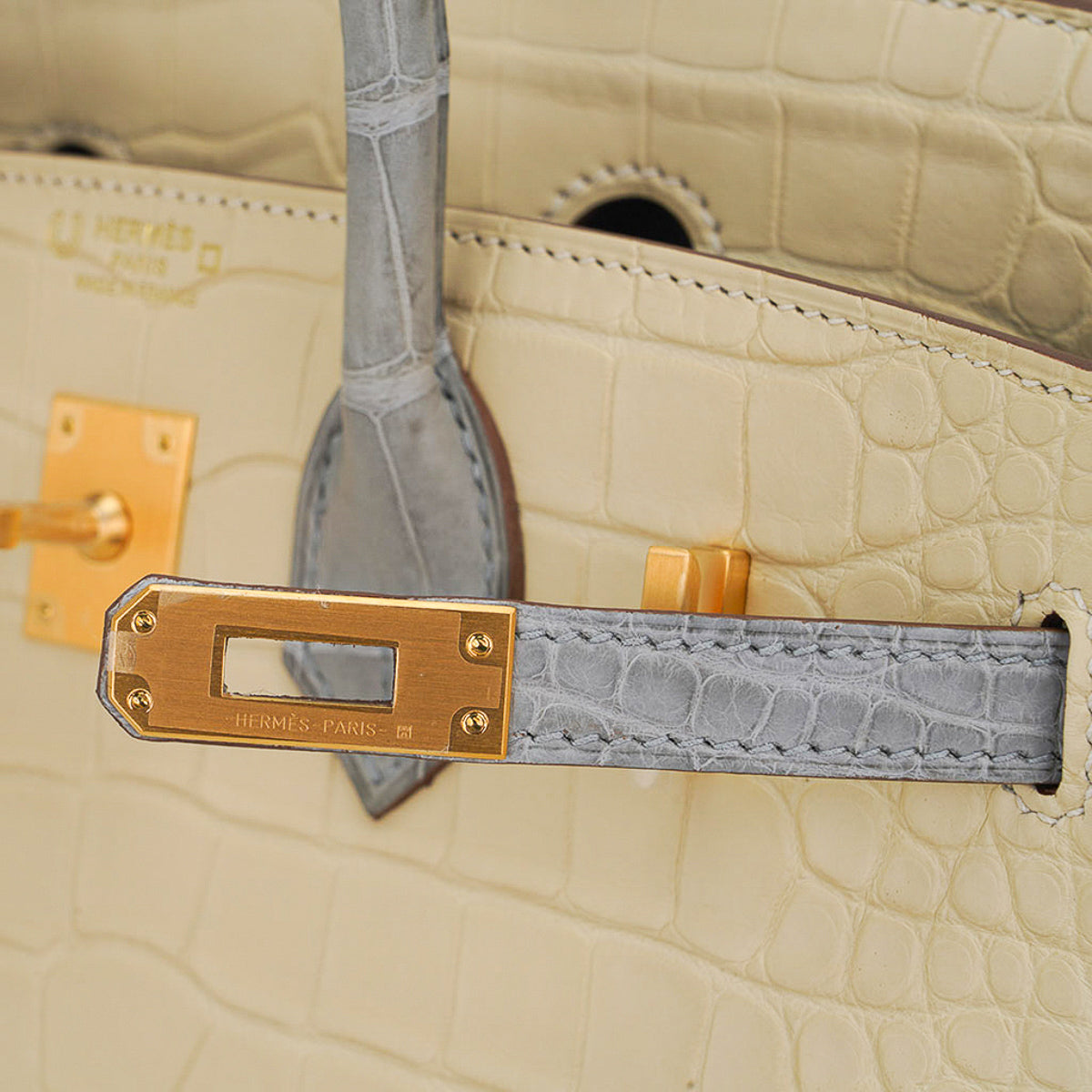 Hermes Special Order HSS Birkin 25 Bag in Matte Alligator Vanille and Gris Pearl Alligator with Brushed Gold Hardware