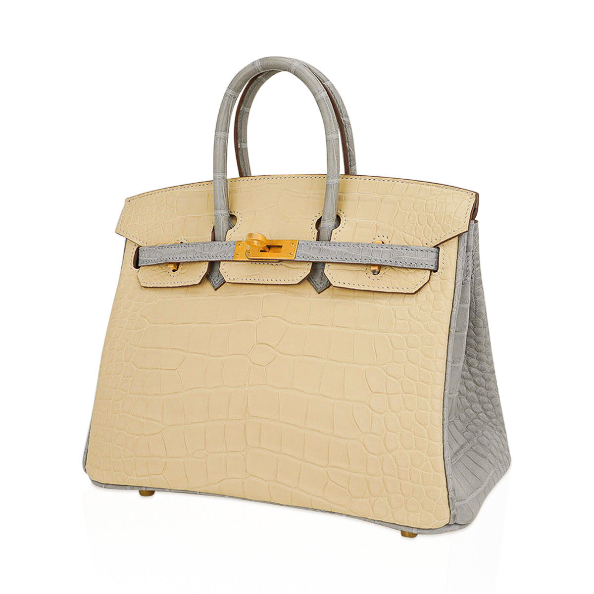 Hermes Special Order HSS Birkin 25 Bag in Matte Alligator Vanille and Gris Pearl Alligator with Brushed Gold Hardware