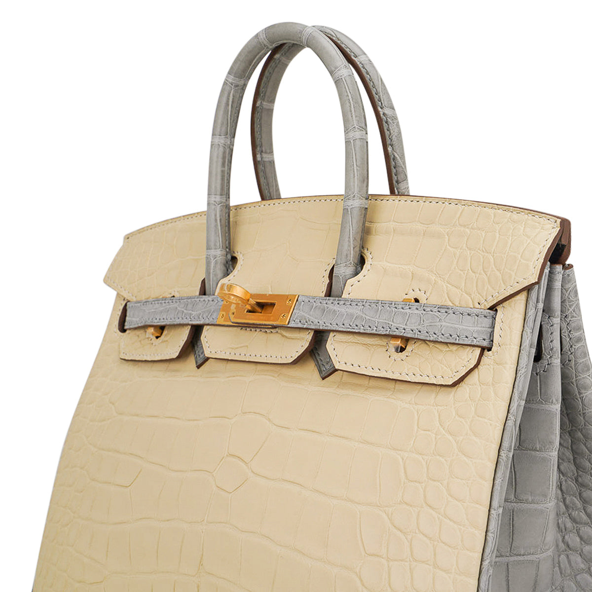 Hermes Special Order HSS Birkin 25 Bag in Matte Alligator Vanille and Gris Pearl Alligator with Brushed Gold Hardware