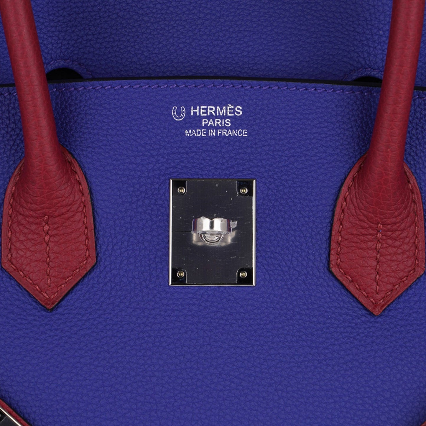 Hermes Special Order HSS Birkin 35 Bag Blue Electric & Rouge Grenat Togo Leather with Palladium Hardware