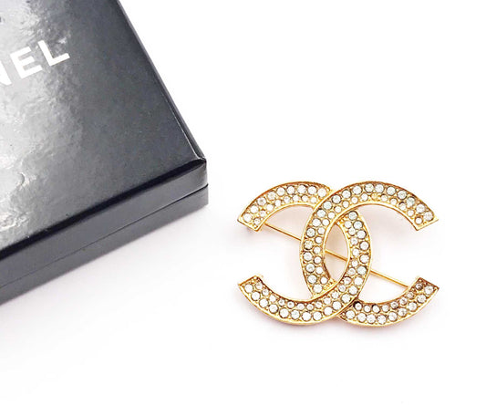 CHANEL Vintage Classic Gold Plated CC Crystal Brooch