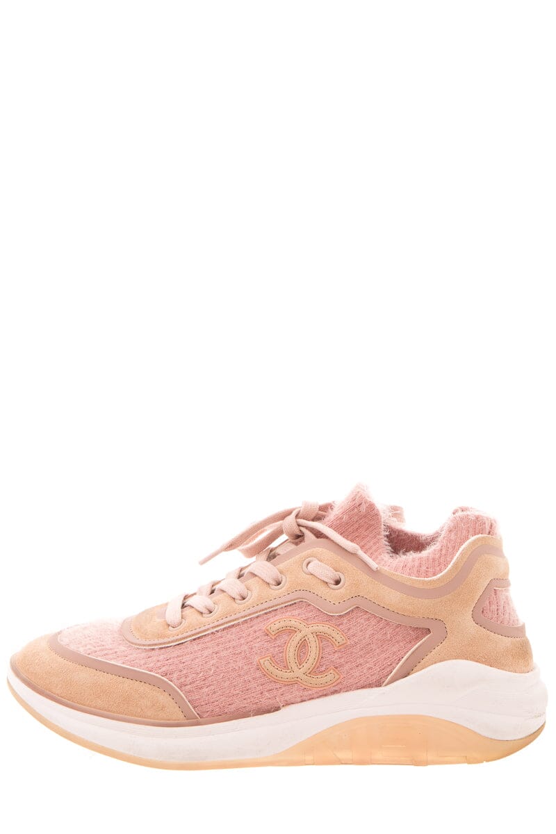 Chanel Pink Knit Fabric & CalfSkin Sneakers SZ 39