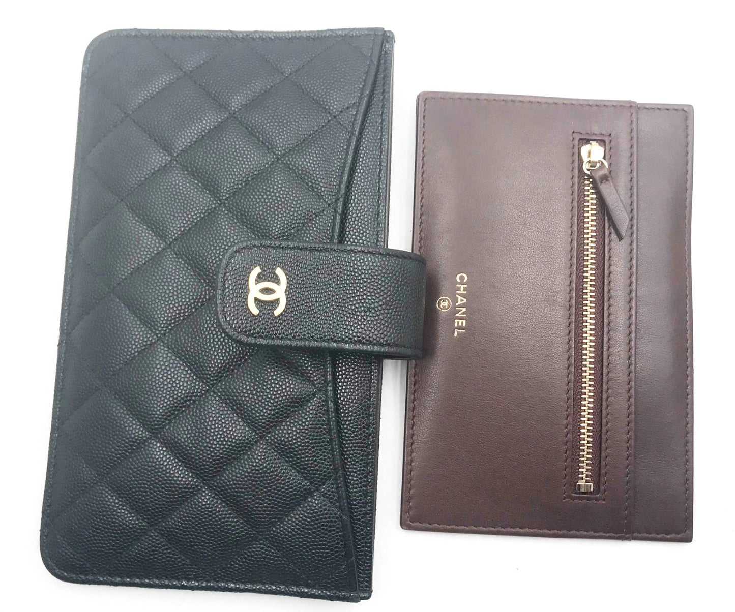 CHANEL Classic Black Caviar 2 Set Pouch Long Wallet