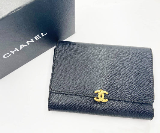 CHANEL Gold CC Black Caviar Tri-Fold Wallet