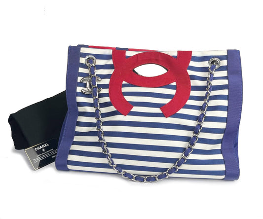 CHANEL Rare Blue Red CC Handle Stripe 3 way Bag