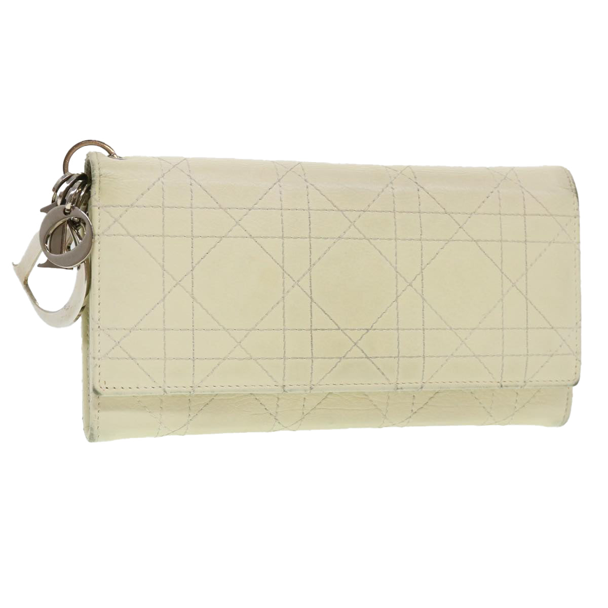 CHRISTIAN DIOR Lady Dior Canage Wallet Leather White Auth bs4708