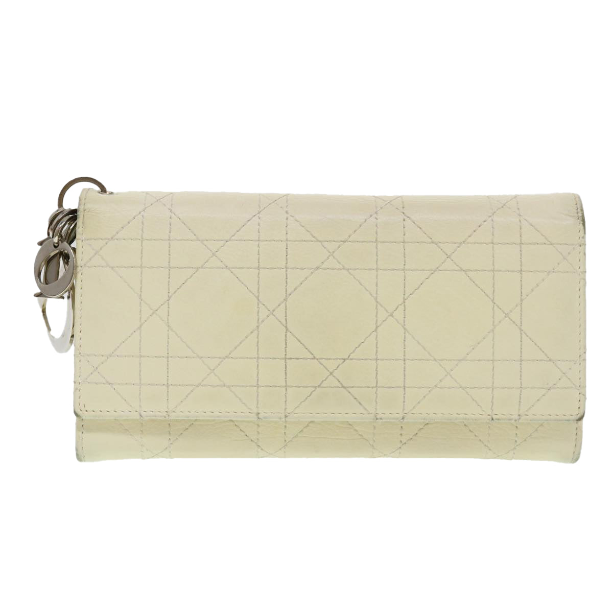 CHRISTIAN DIOR Lady Dior Canage Wallet Leather White Auth bs4708