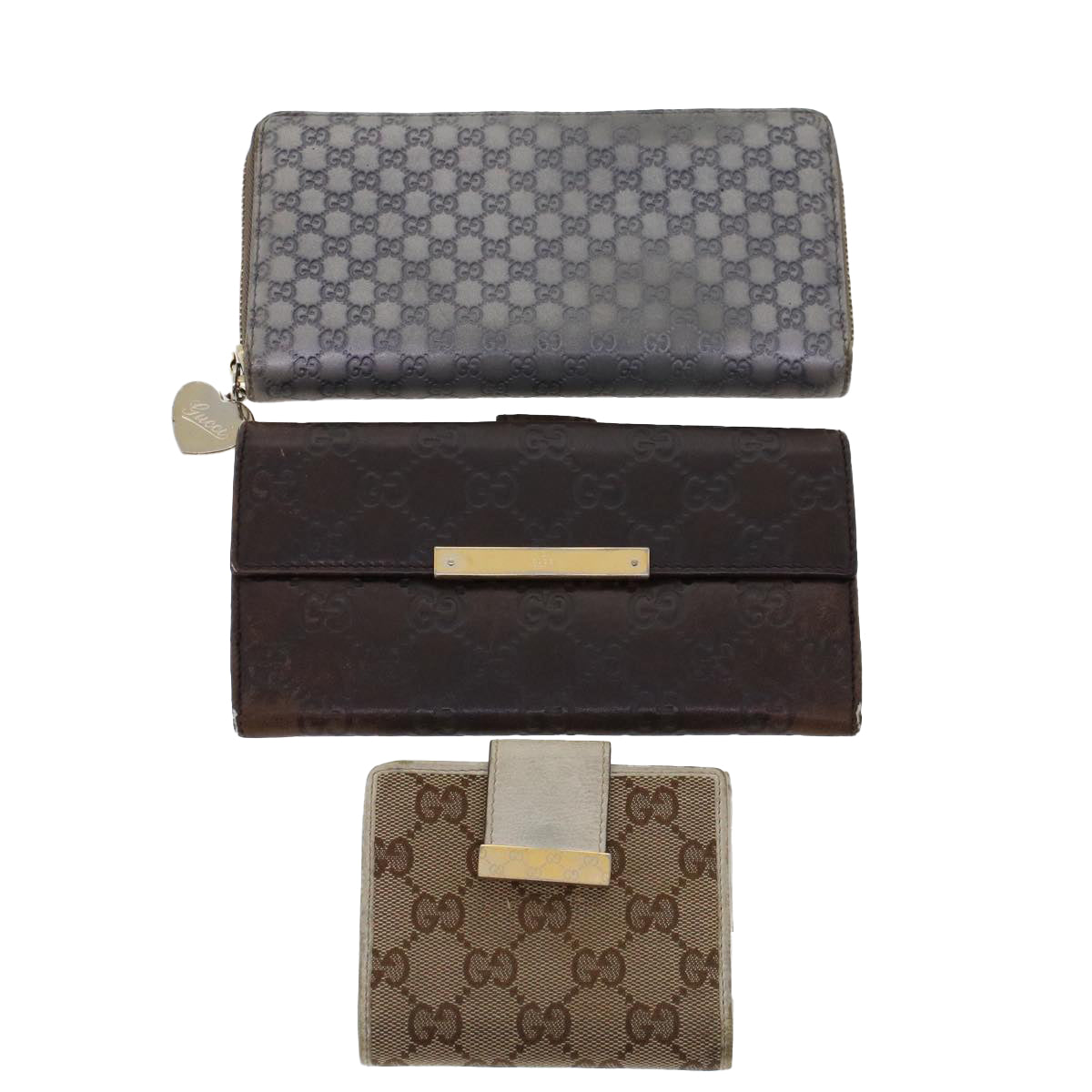 GUCCI GG Canvas Long Wallet Leather 3Set Brown Beige Silver  bs6283