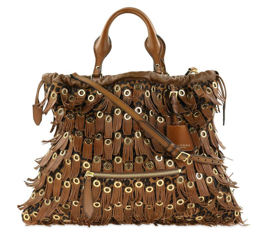 Burberry Prorsum Leopard Print Fringe Grommet Brown Calf Hair Tote