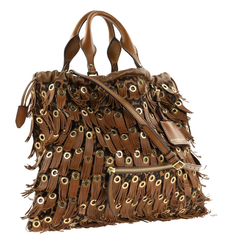 Burberry Prorsum Leopard Print Fringe Grommet Brown Calf Hair Tote