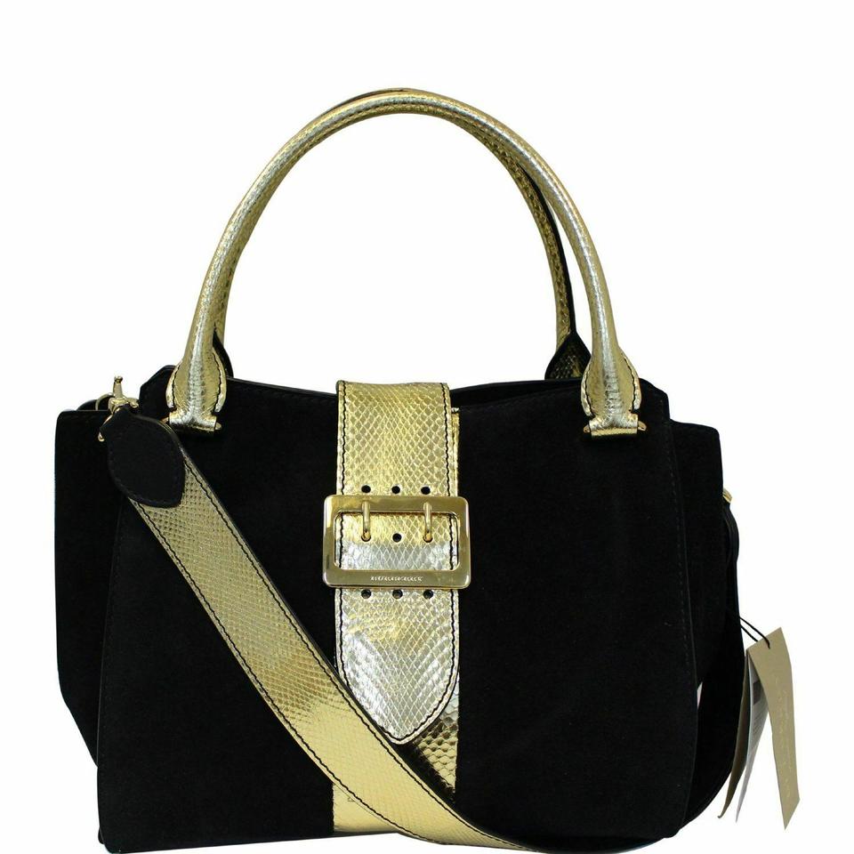 Burberry The Medium Buckle and Snakeskin Tote Black/Gold Suede Leather Shoulder Bag