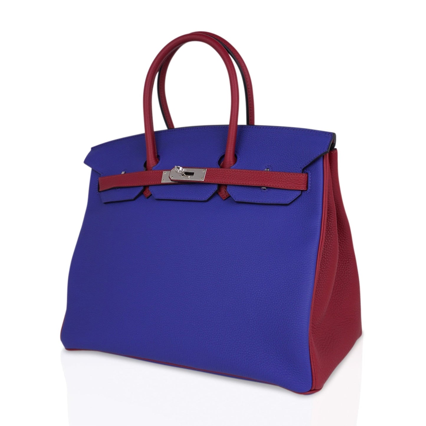 Hermes Special Order HSS Birkin 35 Bag Blue Electric & Rouge Grenat Togo Leather with Palladium Hardware