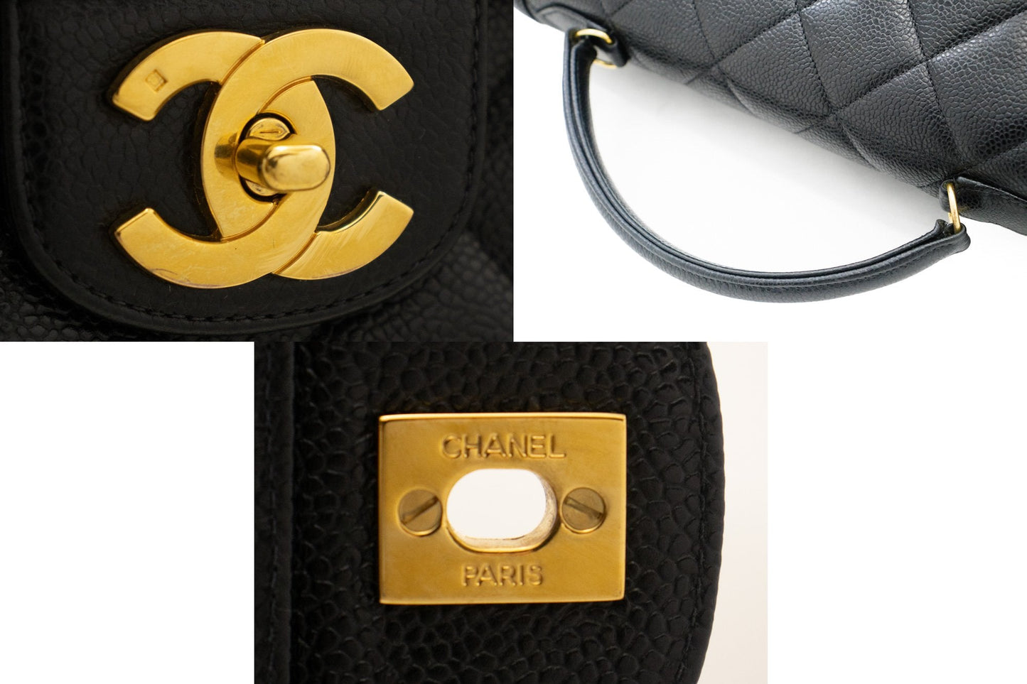 CHANEL Caviar Handbag Top Handle Bag Kelly Black Flap Leather Gold k75