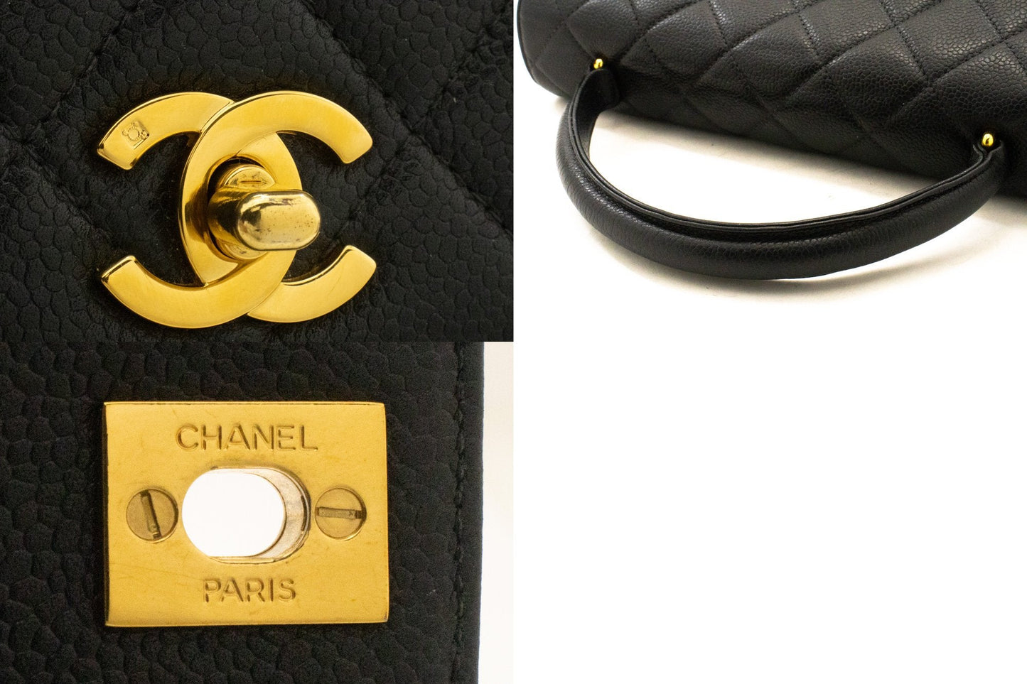 CHANEL Caviar Handbag Top Handle Bag Kelly Black Flap Leather Gold k55