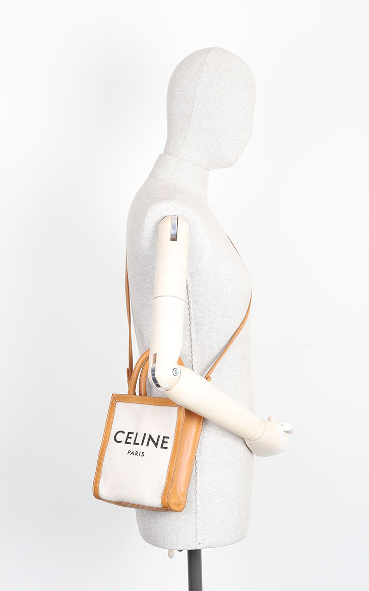 CELINE Logo Mini Vertical Cabas Tote Canvas & Leather White