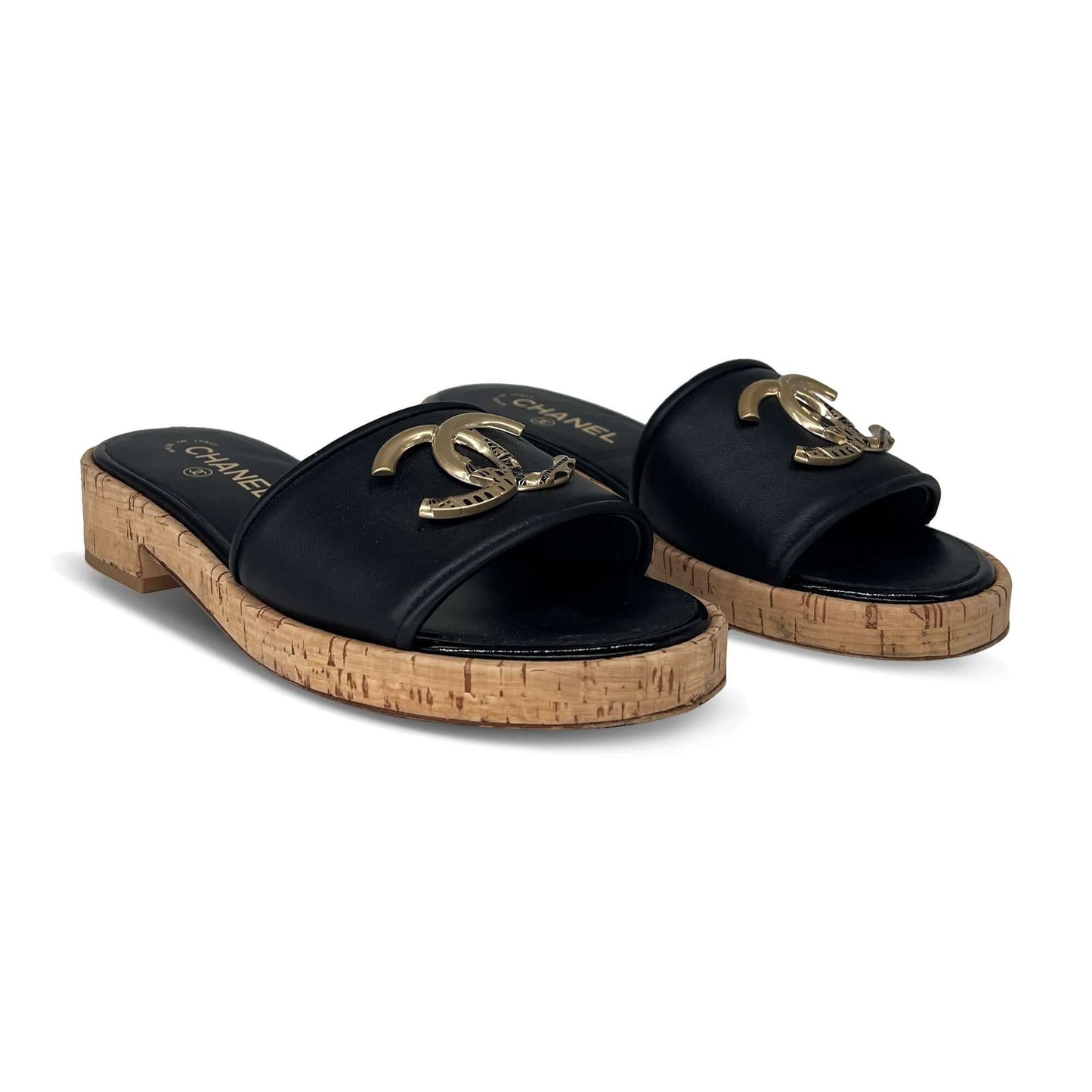 Chanel gold logo mules sandals black lambskin leather/cork